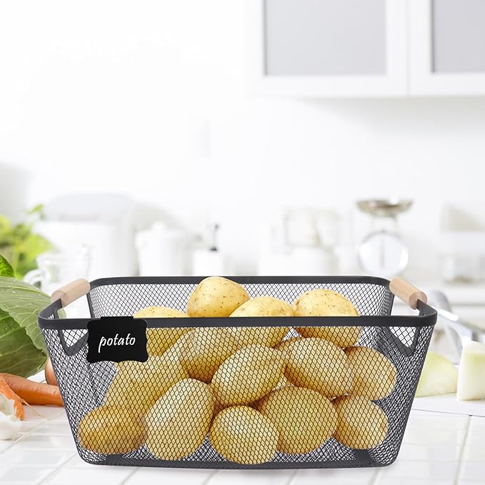 Potato and Onion Storage Bin with Garlic Bin, 3 Set Potato Bin Onion Container Garlic Keeper with Wooden Handle, Pantry Kitchen Metal Mesh Basket for Fruits, Vegetables and Produce-Black