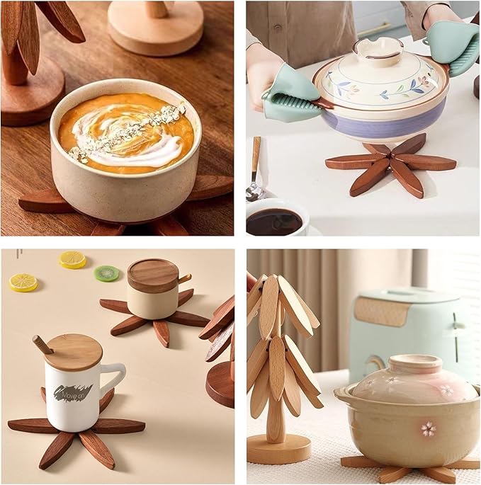 Wooden Trivets for Hot Dishes, Tree Shape Trivet Set, for Hot Dishes, Pot, Bowl, Teapot, 5 Wooden Trivets+1 Stand, Like a Christmas Tree, Natural Foldable Kitchen Wooden Trivet (Walnut Wood)