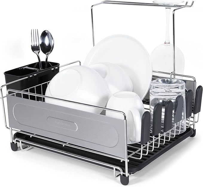 happimess DSH1000A Compact 17.25' Fingerprint-Proof Stainless Steel Dish Drying Rack, Dish Rack with Wine Glass Holder, Utensil Holder, Stainless Steel/Black, Silver/Black