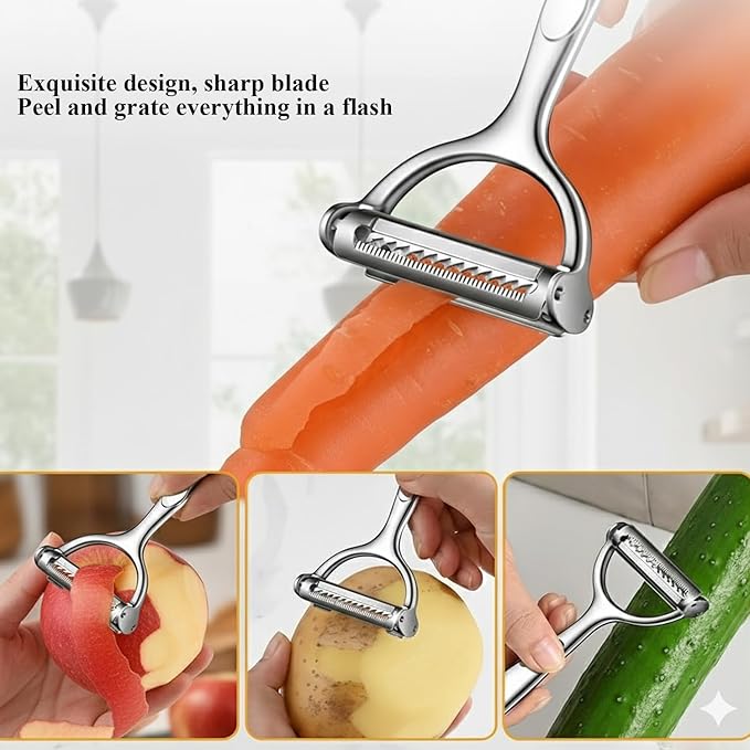 Stainless Steel Peeler and Shredder. With durable, rust-resistant steel blades and a comfortable handle, this multi-purpose tool helps you peel carrots, potatoes, and fruits faster (1 pcs).