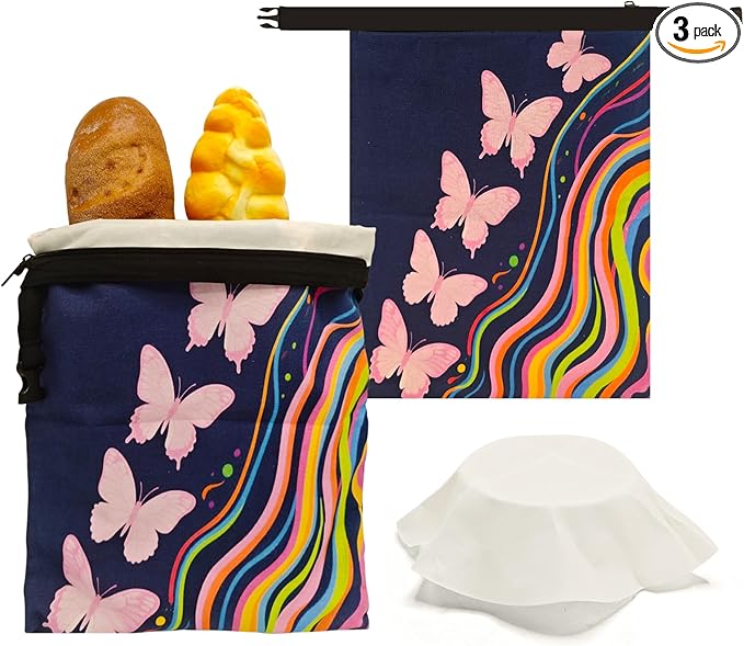 Beeswax Bread Bags for Sourdough 2 Pack 13"x17" Eco-Friendly Reusable Linen Cotton Storage Bags with Zipper Closure for Homemade Bread Fresh-Keeping, Freezer-Safe (Colorful butterfly)
