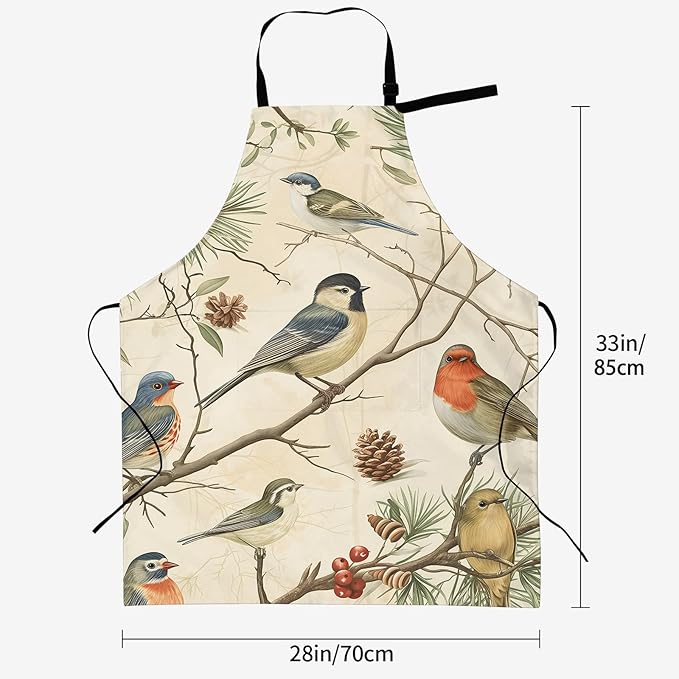 Birds Rustic Print Apron for Women, 28x33in, Kitchen Chef Aprons with 2 Pockets, Polyester, Watercolor Spring Apron for Cooking BBQ Baking Gardening Chef, Gifts for Mom Wife Dad