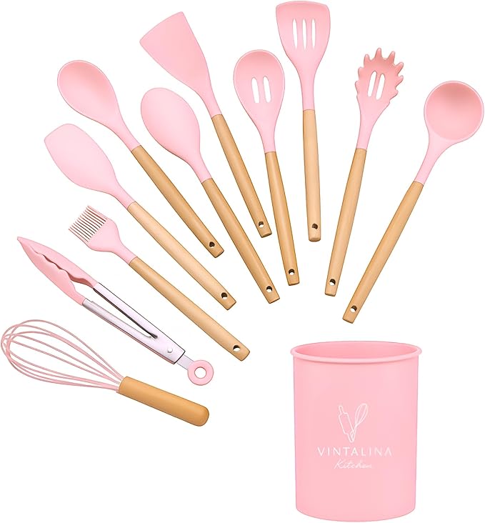 Silicone Cooking Kitchen Utensils Set – BPA‑Free, Non‑Toxic, Non-Stick, Heat‑Resistant to 446 °F, Non‑Scratch Wooden Handles + Utensil Holder (Pink)