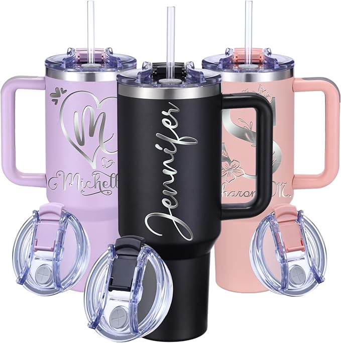 iProductsUS 40oz Personalized Black Tumbler with Handle & Straw Christmas Gift for Mom & Wife! Custom Engraved Name, Spill-Proof Lid, Insulated Stainless Steel Travel Coffee Mug. (Matt Black)