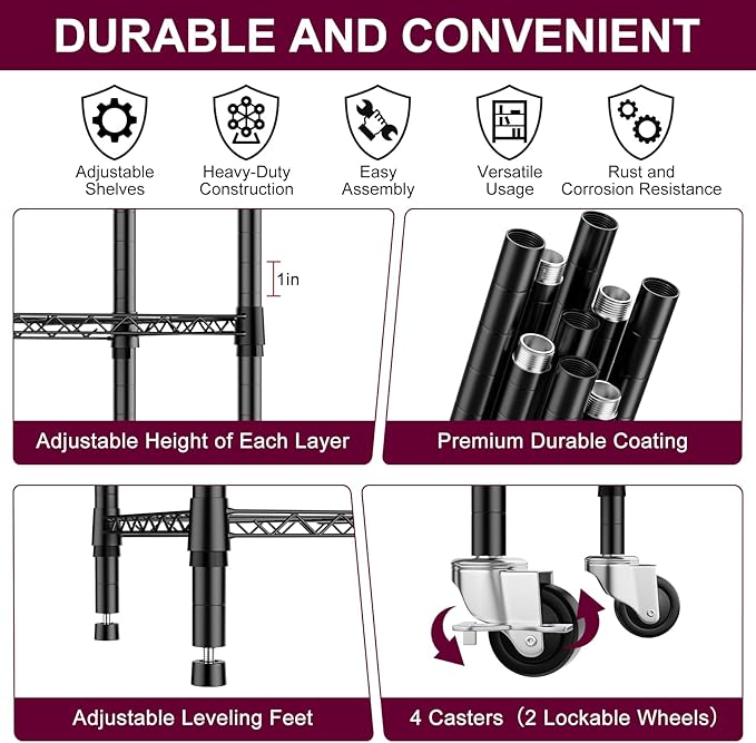 5 Tier Wire Shelving with Wheels Casters, 750 lbs Heavy Duty Storage Shelves Metal Shelving, Rolling Adjustable Shelving Unit Wire Rack for Kitchen, Garage, Pantry 14" D x 30" W x 60" H
