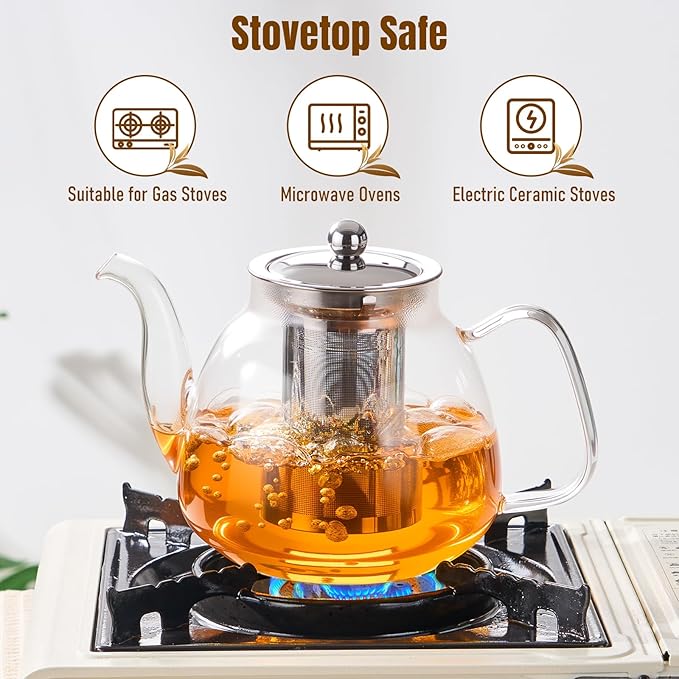 PARACITY Glass Teapot Stovetop 40 OZ/1200ml, Tea pot with Removable 18/8 Stainless Steel Infuser, Borosilicate Clear Tea Kettle, Teapot Blooming and Loose Leaf Tea Maker Tea Brewer for Camping