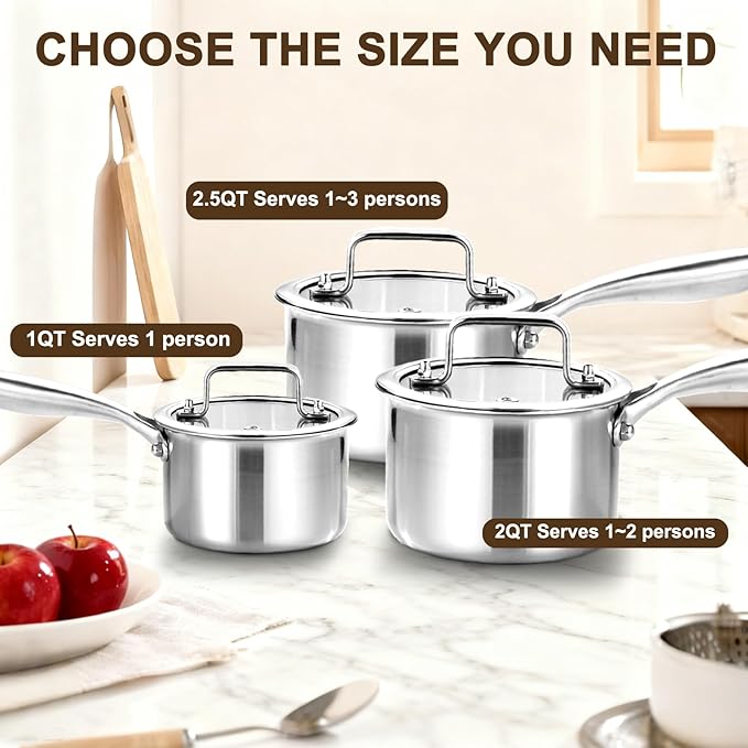 2.5 Quart Triple Stainless Steel Saucepan with Lid, Ramen Pot with Clear Glass Cover, Small Sauce Pan for Cooking Oatmeal, Induction-Ready, Dishwasher-Safe, Suitable for All Stoves