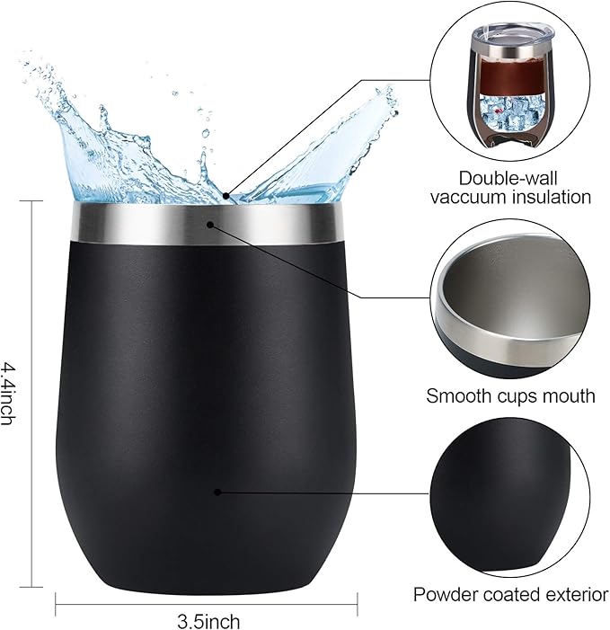 6 Pack Stainless Steel Wine Tumblers, 12Oz Insulated Wine Tumbler, Double Wall Insulated Wine Glass, Stainless Steel Stemless Wine Cups with Lids for Coffee, Wine, Cocktails, Champaign, Black…