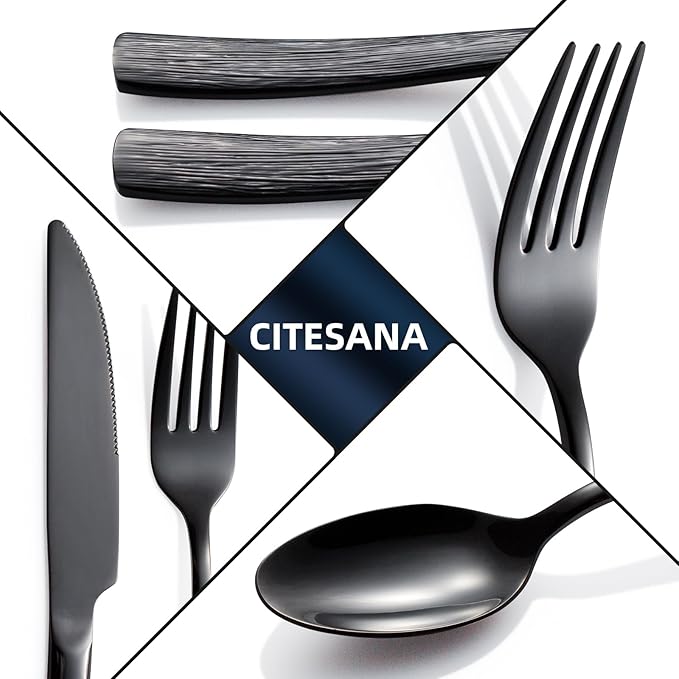 20-Piece Black Silverware Set for 4, CITESANA Heavy Duty Stainless Steel Flatware Set with Ripple Handles, Mirror Polished Kitchen Cutlery Set