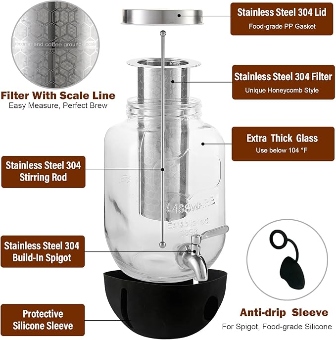 Cold Brew Coffee Maker, Cold Brew Maker 1 Gallon With Stainless Steel Filter, Cold Brew Pitcher With Stainless Steel Spigot, Ice Tea Maker With Airtight Lid, Cold Brew Coffee Maker With Silicone