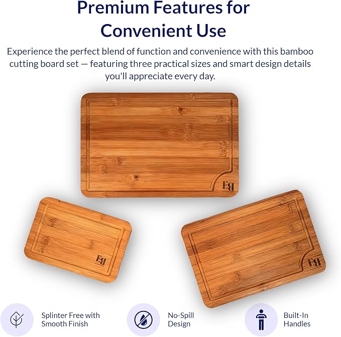 Bamboo Cutting Board Set (3-Pc) – Eco-Friendly Small/Medium/Large Chopping Boards with Deep Juice Groove & Handles – Heavy-Duty Butcher Block for Meat, Vegetables & Charcuterie
