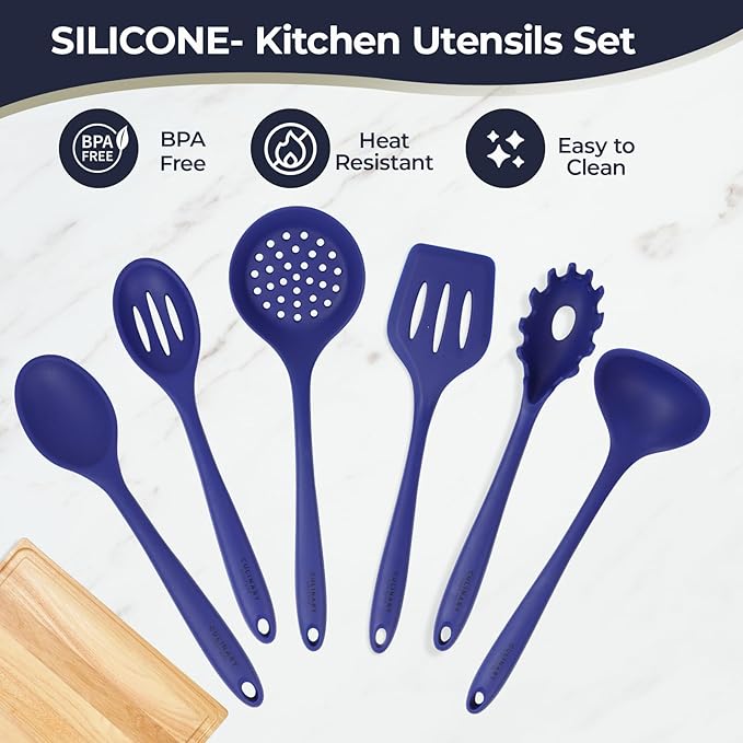 Culinary Couture Blue Silicone Kitchen Utensils Set of 6, Non-Stick Heat-Resistant Silicone Kitchen Utensils Set with Steel Inner Core