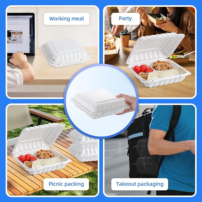 YANGRUI Food Containers 9" 41 oz 100 Pack - Mineral Filled BPA Free Polypropylene Plastic | Shrink Sealed | Reusable Dishwasher Freezer & Microwave Safe | Stackable Design 3 Compartment Takeout Boxes