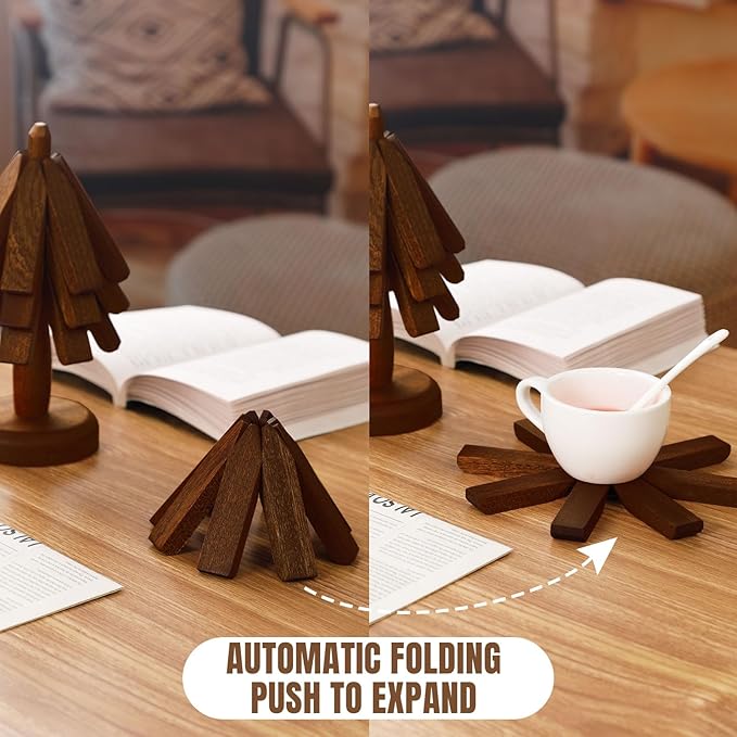 Suzile 2 Set 4 Layers Wooden Trivets for Hot Dishes Tree Shape Trivet Coaster Wood Table Mat Tree Design Foldable Heat Resistant Pads for Teapot Pans Bowl Kitchen Table(Brown)