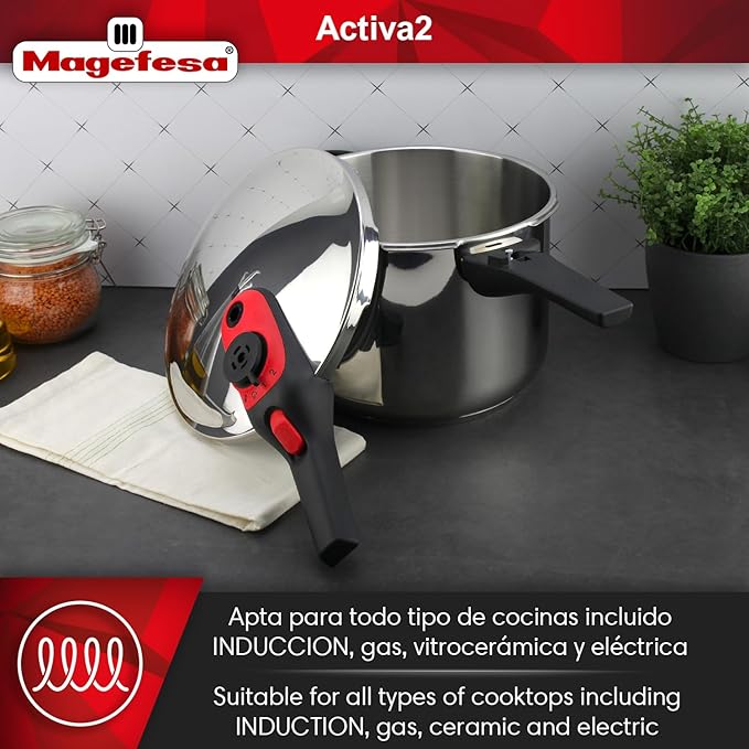 Magefesa Activa2 8-Quart Stainless Steel Pressure Cooker – 2 Cooking Programs, Works on All Stovetops, Red Handle