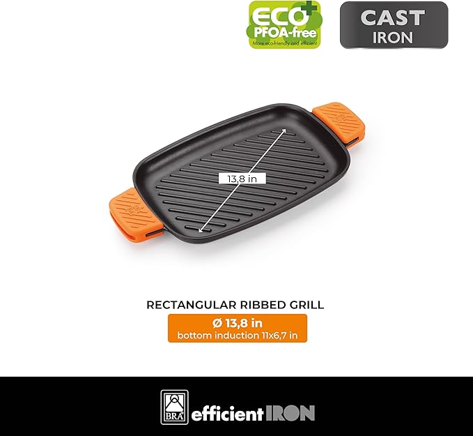 BRA COOKWARE Efficient Iron Rectangular Ribbed Grill | 13 inches x 8.7 inches Cast Iron Rectangular Griddle | All Heat Sources Compatible | PFOA Free | W/o Non-Stick | Silicon Handle | Non Deformable