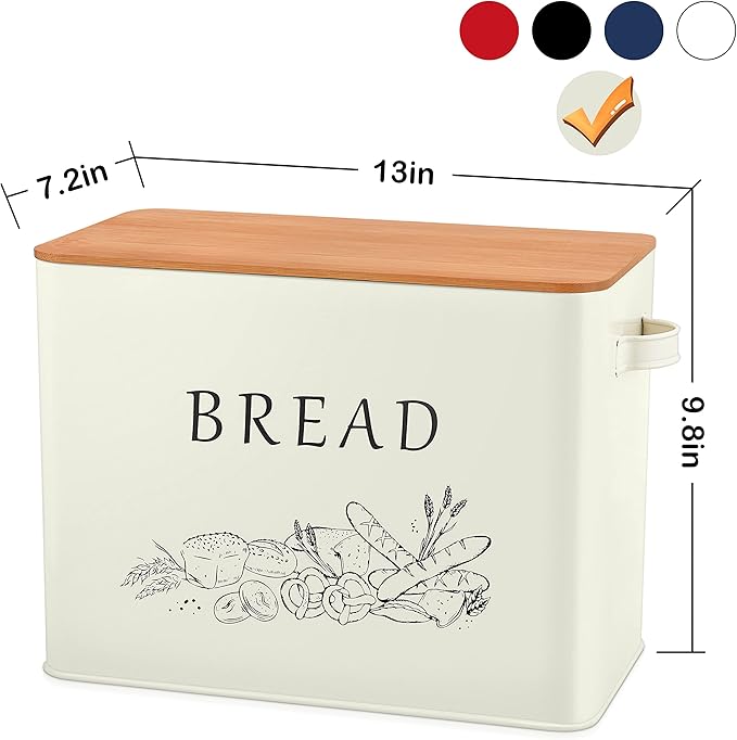 E-far Bread Box for Kitchen Countertop, Metal Bread Storage Container Bin with Bamboo Lid for Cutting Bread, Extra Large & Farmhouse Style, 13” x 7.2” x9.8”, Cream