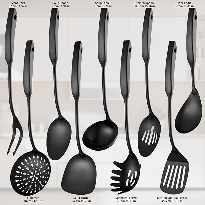 9PCS Silverware Set for 304 Stainless Steel Kitchen Utensils Set Cooking Utensil Set, 15 Inches All Metal Cooking Tools Wok Kitchen Cookware Set with Spatula Useful Pots and Pans Accessories