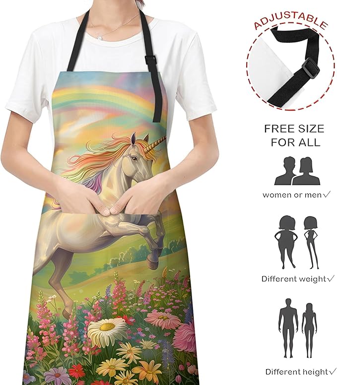 Beautiful Unicorn Apron for Women Men, Cooking BBQ Chef Polyester Lightweight Rainbow and Floral Aprons with Pockets for Baking Kitchen Gardening Cleaning, Adjustable Neck Strap, 28×33inch