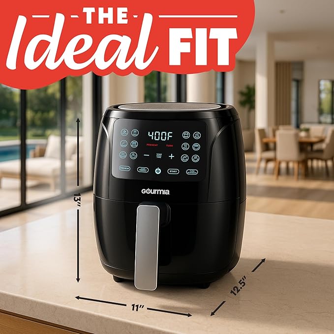 Gourmia Air Fryer Oven Digital Display 4 Quart Large AirFryer Cooker 12 1-Touch Cooking Presets, Black and Stainless Steel Accents Fry Force GAF486