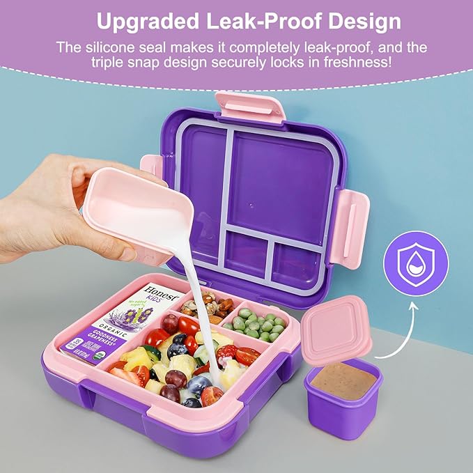 Caperci Bento Box for Kids - Leak-Proof Lunch Box Snack Container with 2 Modular Containers & 4 Compartments, Hold 4.8 Cups, Portable Handle, BPA-Free, Microwave/Dishwasher Safe (Unicorn)