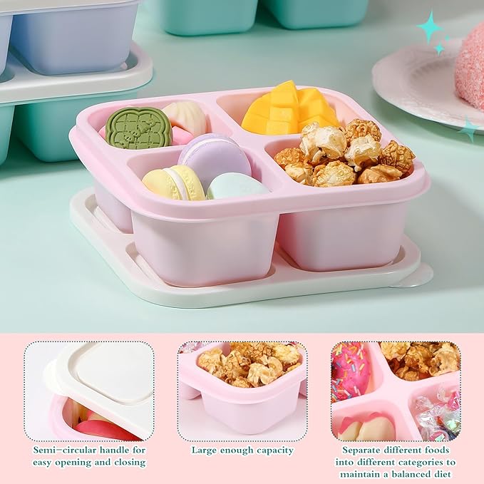Honeydak 10 Pack Snack Container 4 Compartment Reusable Bento Snack Boxes Divided Lunchable Containers with Lids Meal Prep Lunch Food Storage Boxes for School Work Travel (Macaroon Color)