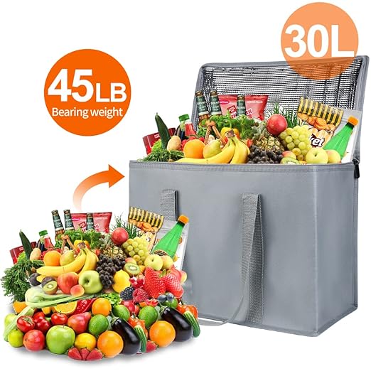 Bodaon 4-Pack Insulated Reusable Grocery Shopping Bags, X-Large Picnic Cooler Bag Zipper/Zippered Top Cold, Insulated Food/Pizza Delivery Bag, Grey