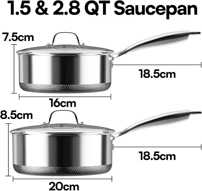 Sauce pan with Lid, KURRUNGIE 1.5 & 2.8 QT Hybrid Stainless Steel Cookware Set, PFOA Free 5-Ply Cooking Pots with Lids, Stainless Steel Pans for Cooking, Induction Cookware Oven and Dishwasher Safe