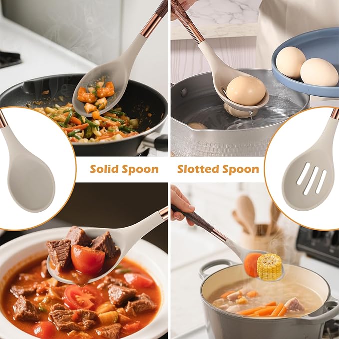 MANJIA Silicone Spoons Set, Nonstick Silicone Slotted Spoon & Solid Spoon Set, Serving Spoons kitchen Spatula for Cooking Fish, Eggs,Flipper, Cooking Utensils Set 2pcs (khaki-spoons)