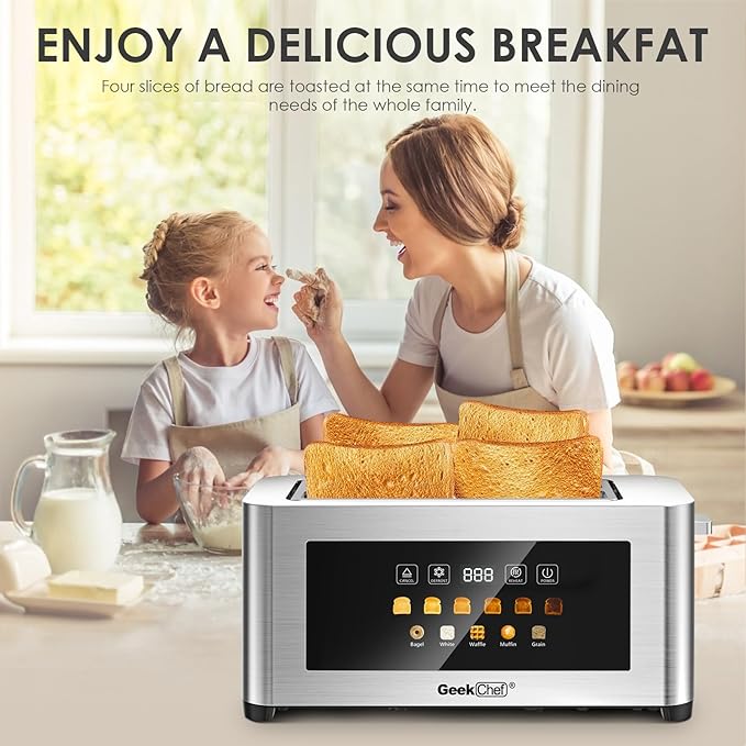 Geek Chef Toaster 4 Slice, 1.5" Touch Screen Extra Wide Slots for Bagels & Waffles, 6 Browning Levels, Timer, Reheat, Defrost, Cancel Function, Auto Shut-Off, Removable Crumb Tray, Stainless Steel
