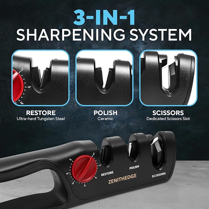 ZenithEdge® 3-in-1 Adjustable Knife Sharpener 14°-24° Angles for Kitchen, Fillet, Pocket Knives & Scissors - Tungsten Steel Ceramic Non-Slip Precision Sharpening Tool Gift