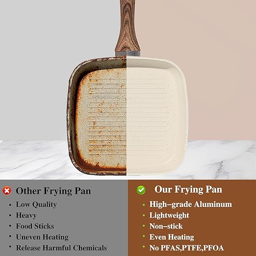 Grill Pan, Skillet Set 3 Piece, Frying Pan Non Stick with Stay Cool Handle & PFOA Free,Compatible with all Stovetops, Biege (9.5"10" 11")