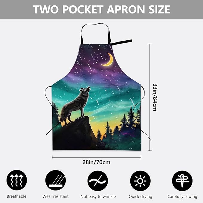 Mystical Wolf Apron, Adjustable Kitchen Moonlit Night and Aurora Sky Design Aprons with Pockets for Cooking BBQ Gardening, 28×33 IN, Holiday Gifts for Women Men, for Chef Baking, Oxford Fabric