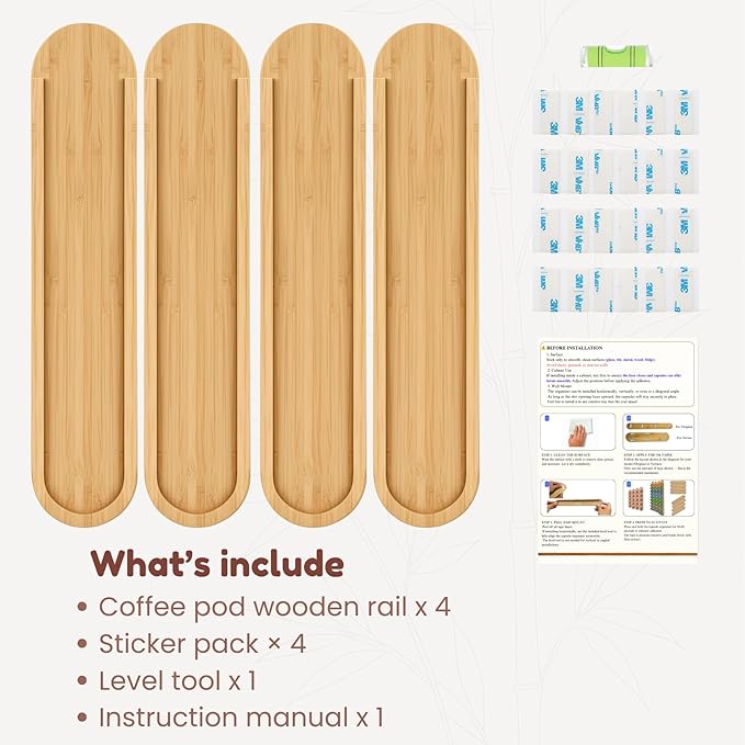Bamboo Coffee Pod Holder, Adhesive Wall Mount for Cabinet Door, 20-Capsule Storage (Set of 4) — Vertical/Horizontal — Compatible with Nespresso Vertuo Line-Bamboo Brown