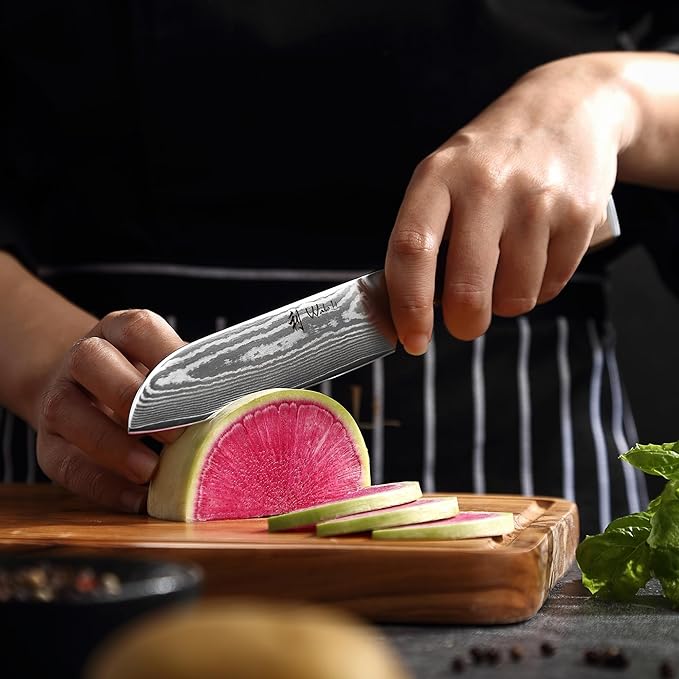 Wakoli HIK Damascus Small Santoku Knife – Full Tang Multipurpose Kitchen Knife | 5-Inch Blade Made of 67-Layer Damascus Steel with VG10 Core | Walnut Wood Handle | Sharp, Durable