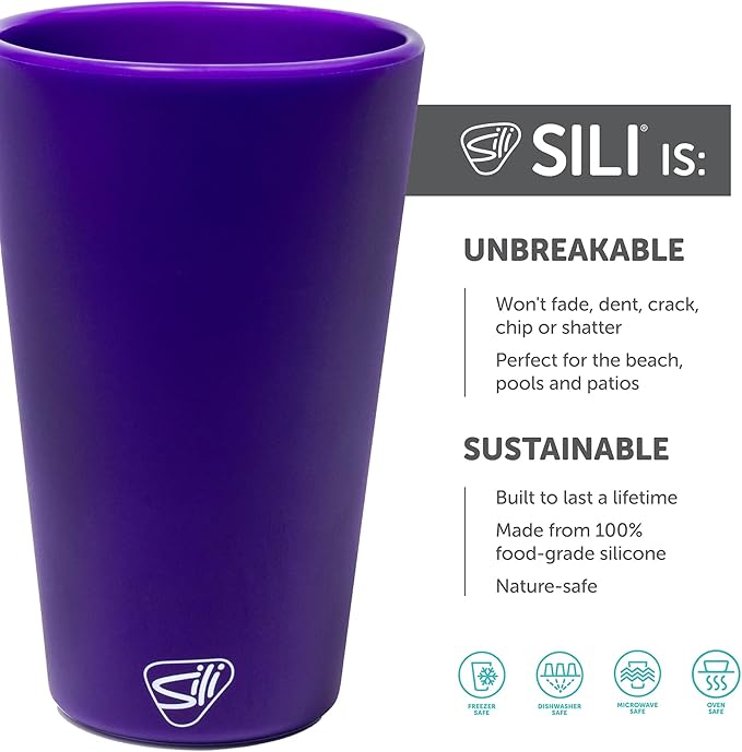 Silipint 16oz Silicone Pint Glass – Unbreakable BPA-Free Reusable Silicone Drinking Cup – Flexible Dishwasher Microwave & Freezer Safe – Stemless Glass for Water Coffee Smoothies (Purple)