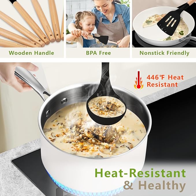 Silicone Cooking Utensils Set with Holder, 12 Pcs Heat Resistant Kitchen Utensils Set with Wooden Handle, BPA-free Spatula, Tongs, Spoons Set for Nonstick Cookware, Black