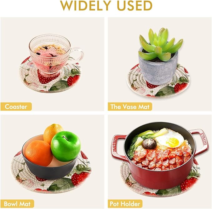Cute Watercolor Strawberries Kitchen Trivets Pot Holders Set of 2, Trivets for Hot Pots Dishes Woven Trivet Coaster Pad Mat for Counter