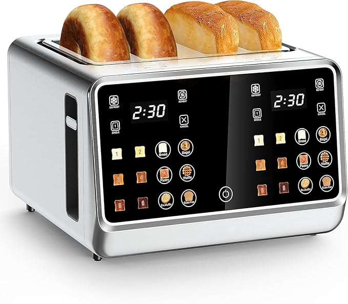 4 Slice Touch Screen Toaster with LCD Display Stainless Steel Digital Toasters 6 Bread Types& 6 Shade Settings Smart Extra Wide Slots Toaster With Bagel Cancel Defrost Reheat Functions