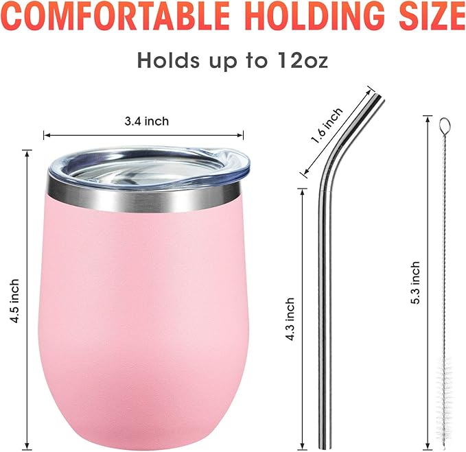COMOOO Stainless Steel Wine Tumbler Glass Bulk with Lid and Straw 12oz Double Wall Vacuum Insulated Travel Tumbler Cup for Coffee Wine Cocktails Ice Cream Cup, Pink, 16 pack