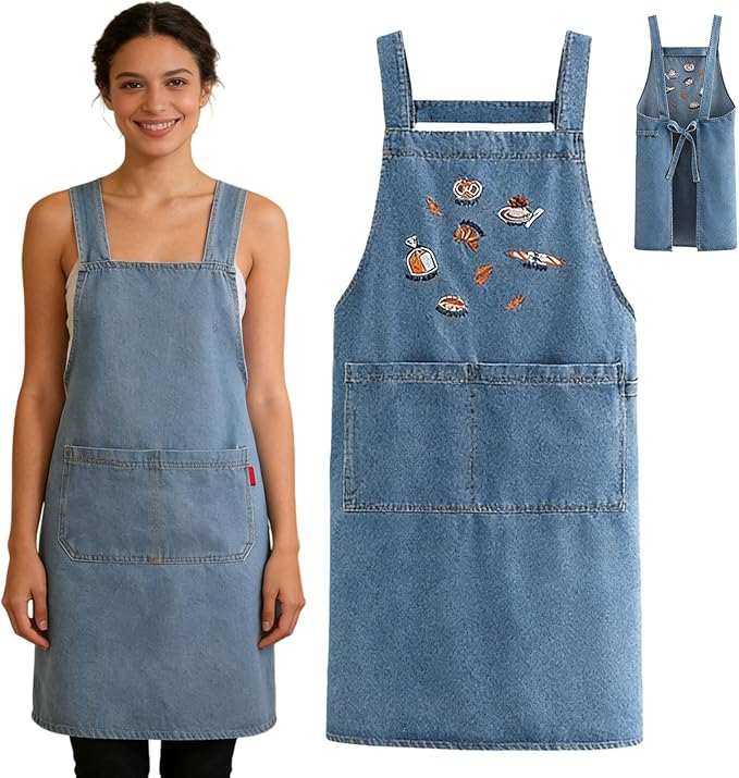 2026 New Adult Jour Apron - Lightweight Cotton Apron with Front Pocket, Cross-Back Jean Kitchen Aprons for Women Men