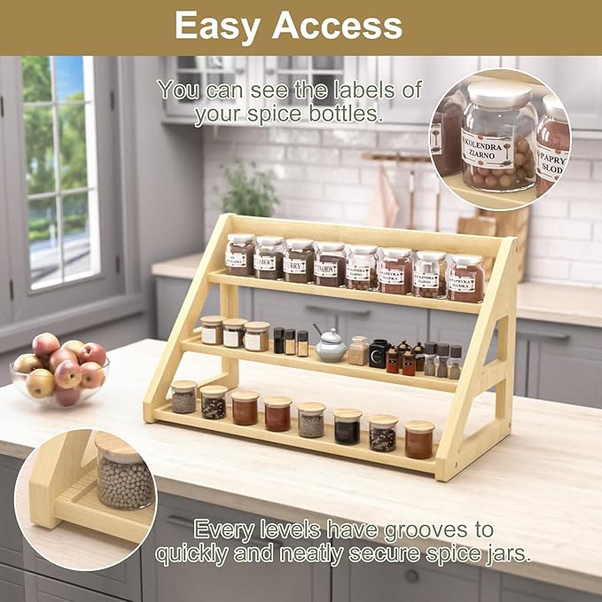 3-Tier Spice Rack Organizer for Cabinet,Bamboo Tiered Spice Rack for 24 Spice Jars(4 oz),Spice Shelf for for Kitchen Countertop,Seasoning Rack,17.5" L x 8.3" W x 9.4" H