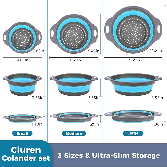Collapsible Colander Set with Universal Draining Tray | 3-Pack Foldable Kitchen Strainers + Base | Space Saving for Pasta, Veggies, Fruit & Rice | 5 Colors (Gray-Blue)