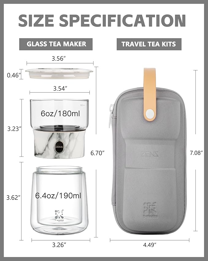 ZENS Modern Small Glass Infuser Teapot, Magic One Touch Drip Tea Pot Infusers for Loose Tea Diffuser, Cool Herbal Teapot with 200ml insulated Cup and Portable Gray Tea Kits for Tea Lovers Gifts