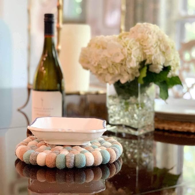 Global Crafts Hand Crafted Felt Ball Wool Trivet Mat from Nepal, 8" Round Pad Chakra, Greens
