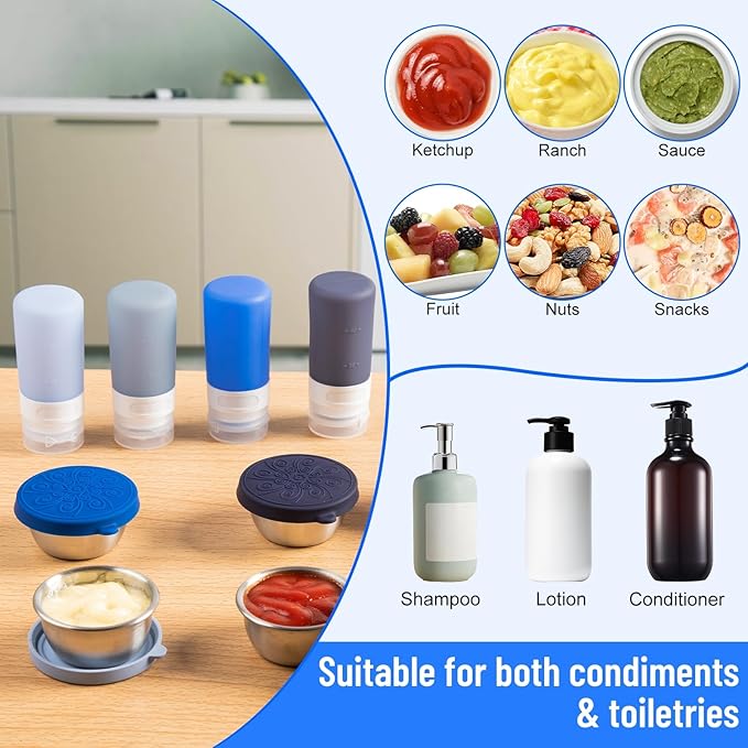 8-Pack Salad Dressing Container To Go, 2-oz Silicone Small Condiment Squeeze Bottles and 1.6 oz Stainless Steel Sauce Containers Cups, Leakproof Condiment Containers with Lids for Lunch Box