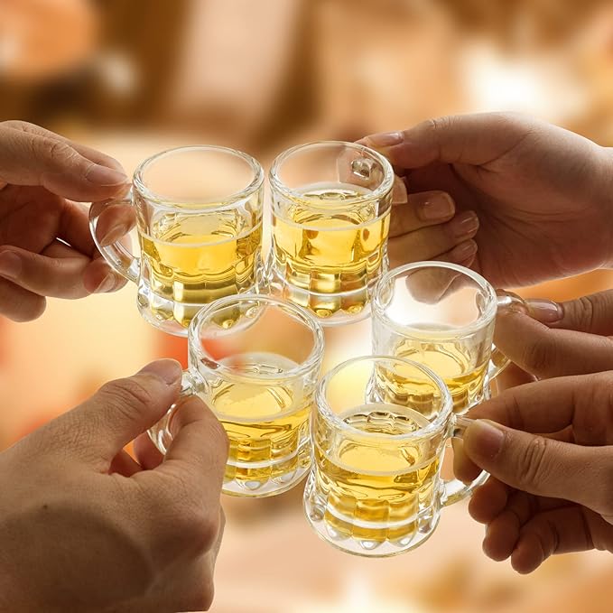 Mini Beer Mugs, Set of 24, 2 Oz with Handles, Glass Mugs for Beer, Whiskey, Tequila, Vodka
