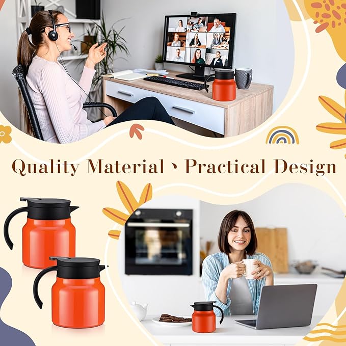 2 Pcs Thermal Coffee Carafe for Keeping Hot/Cold Stainless Steel Small Coffee Creamer Container Double Wall Vacuum Insulated Tea pot Beverage Dispenser for Milk Hot Chocolates (Orange,27 oz)
