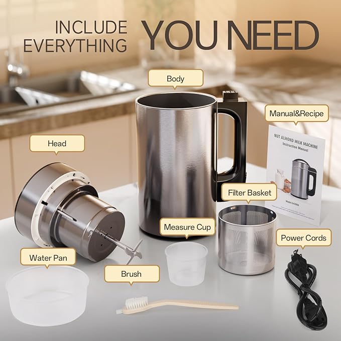 304 Stainless Steel Almond Milk Maker Machine (Built-in Filter) 50oz 6-7 Cups Per Batch, 8-IN-1 Cooking Blender Make Plant Based Nut Milk, Soy Oat Milk, Soup & Juice, Automatic Cleaning (Silvery)