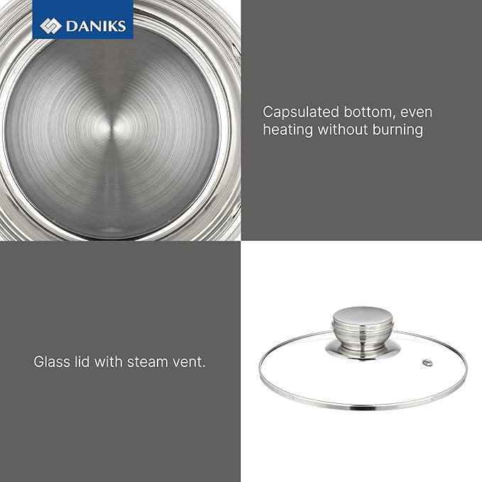 Daniks Standard 11-Piece Stainless Steel Induction Cookware Set, Saucepan, Frying Pan, Dishwasher Safe Pots, Measuring Scale, Glass Lids, For Soup, Pasta, Stew, Silver